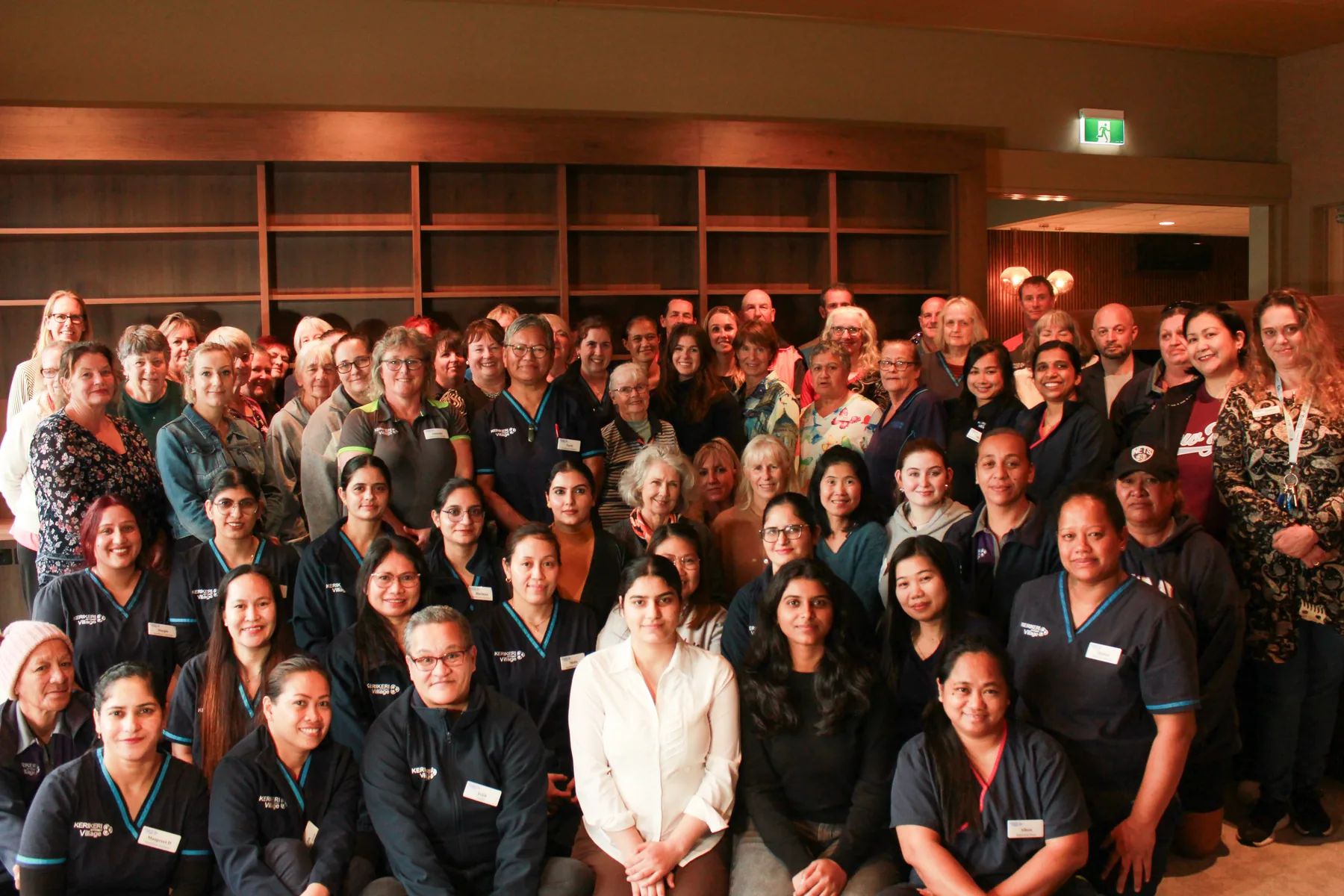 The Kerikeri Retirement Village team — care, nursing, kitchen, grounds and office staff — gathered together in the community centre