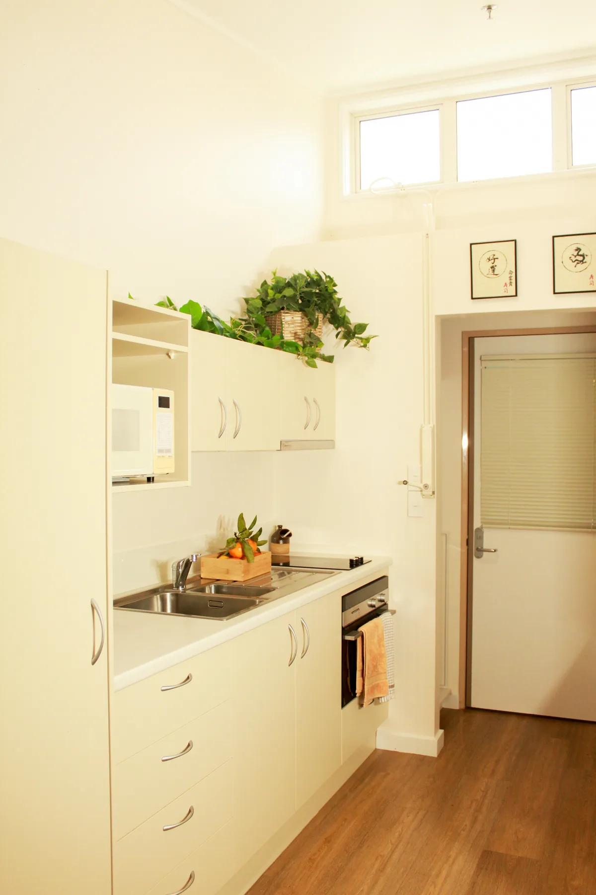 A studio kitchenette with an oven, microwave and generous bench space