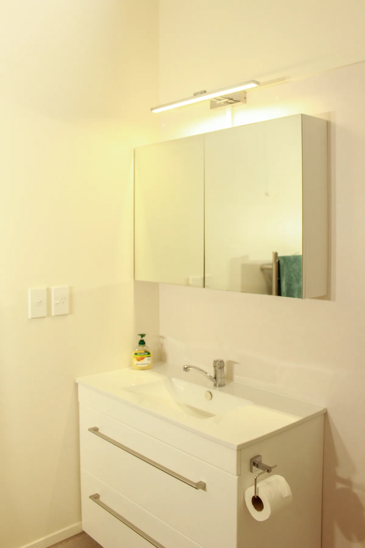 A studio bathroom with a wide vanity and mirror
